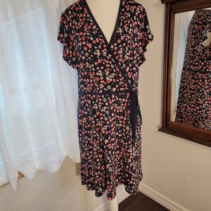 Michael Kors Navy Floral Faux Wrap Dress Flutter Sleeve Tie Waist Size L